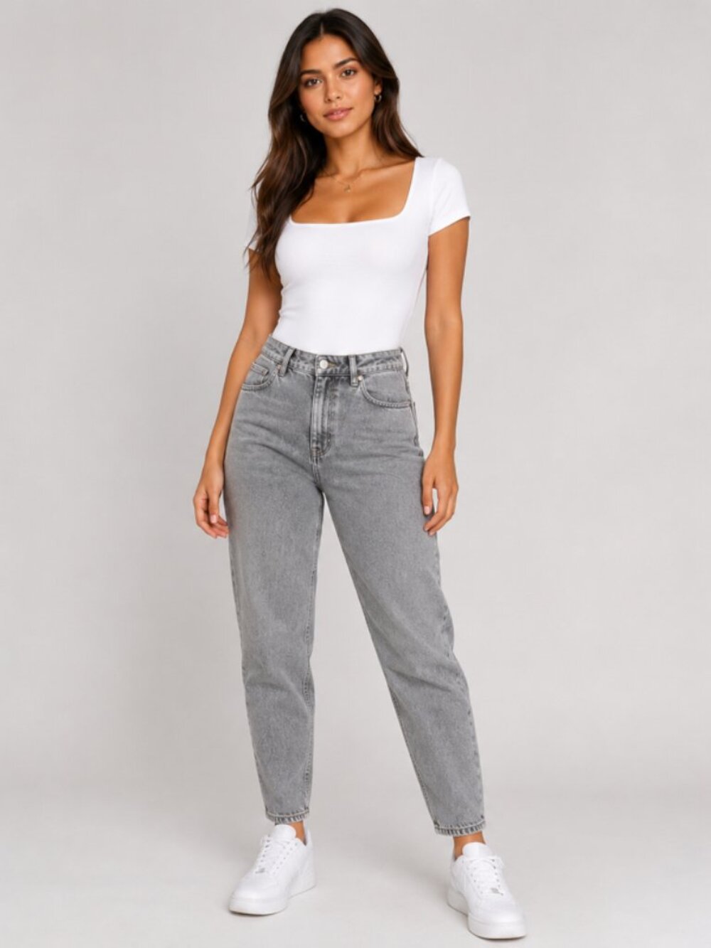 Abercrombie High Rise Mom Jeans in Light Grey Wash